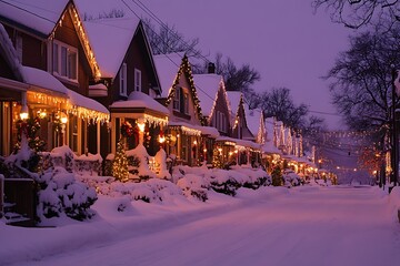 Cozy snow covered street with houses decorated with christmas lights