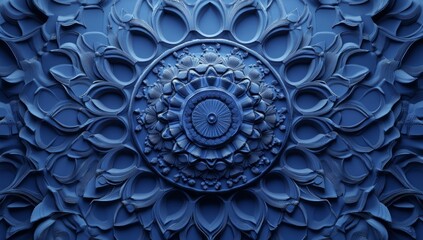Intricate blue carved mandala pattern, ornate design with floral elements, traditional art concept