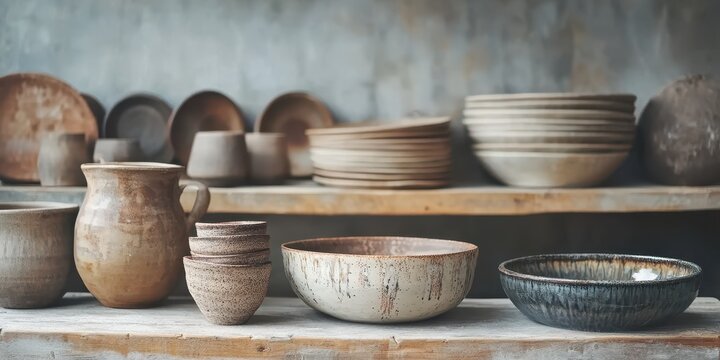 A collection of handcrafted pottery showcasing various shapes and textures, ideal for art and decor enthusiasts.