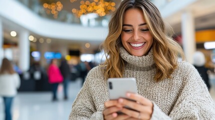 A young woman with long hair happily looks at her smartphone surrounded by the bright lights and bustling atmosphere of a busy shopping mall.