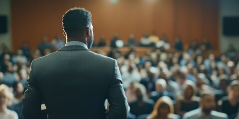A confident speaker addresses a captivated audience in a formal setting, highlighting the power of effective communication.