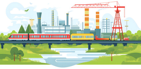 Obraz premium Industrial Construction Site with Crane and Train Crossing Over River in a Scenic Landscape