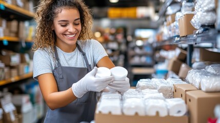 This image showcases a joyful store employee wearing gloves, sorting various items in a neatly arranged warehouse, indicating efficient organization and service.