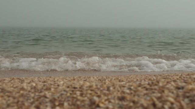 Mother-of-pearl sea surf. A quiet foggy sea, sandy-shell beach, the sun breaks through the fog and colors the crest of the rolling waves