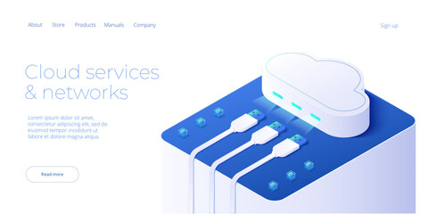 Cloud storage download isometric vector illustration. Digital service or app with data transfering. Online computing technology. Server center and datacenter network