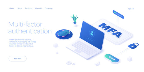 Multi-factor authentication isometric vector illustration. Digital service or app with laptop unclocked via sms and touch id scanning. Personal information and device security concept