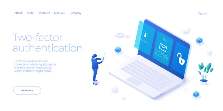 2 factor authentication isometric vector illustration. Digital service or app with laptop unclocked via sms and touch id scanning. Personal information and device security concept