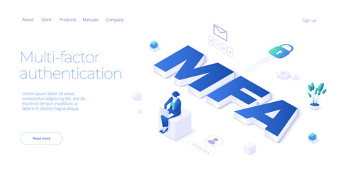 Multi-factor authentication isometric vector illustration. Digital service or app with laptop unclocked via sms and touch id scanning. Personal information and device security concept