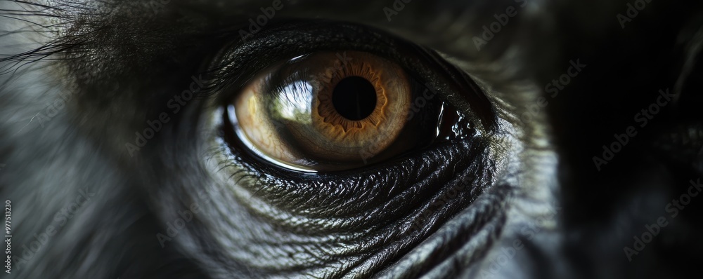 Poster macro shot of a monkey's eye in sharp focus, capturing intricate details and vibrant colors against 