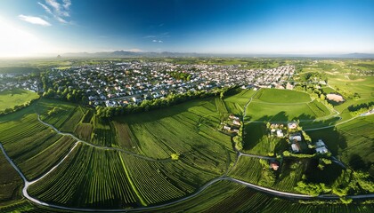 Eco-Friendly City, Aerial Drone View. Green Fields Around The Town
