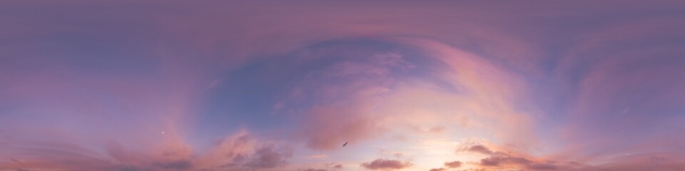 Sunset sky with bright glowing pink Cirrus clouds. Seamless spherical HDR 360 panorama. Full zenith...