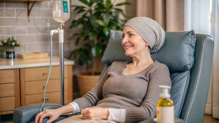 Woman receiving chemotherapy treatment in hospital while relaxing in medical chair