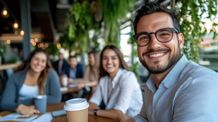 A cheerful group of friends are gathered around a table, enjoying coffee and smiles, reflecting warmth and positive social interactions in a lively cafe setting.
