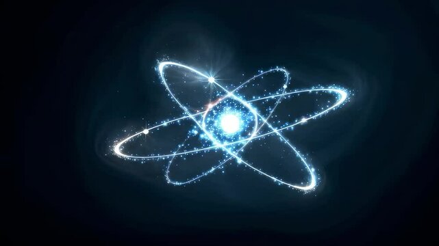 Looped Luminous Atomic Model Animation with Orbiting Electron Shells in a Celestial Environment