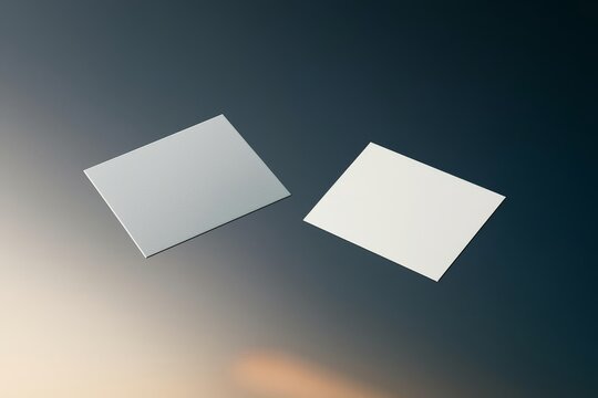 3D rendered floating in air modern business visiting card mock-up template with front and back. Invitation, identity, stationery, advertising, empty mockup for presentation on isolated color