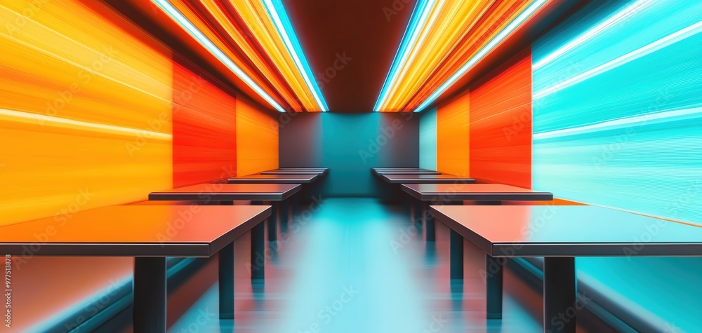 Poster a vibrant and modern interior with tables and colorful neon lights creating a dynamic atmosphere for
