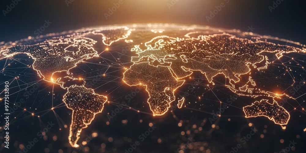 Poster a glowing world map highlighting connections and networks across continents, symbolizing global comm