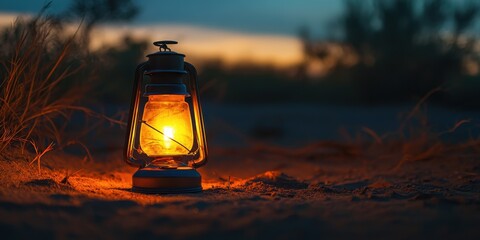 A glowing lantern in the twilight, casting a warm light amidst soft shadows, creating a tranquil and nostalgic atmosphere.