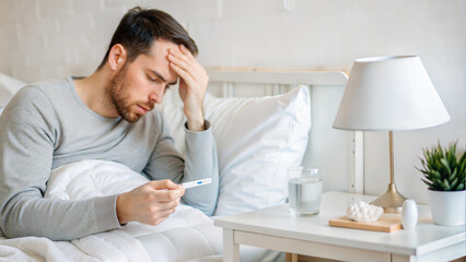 Man feeling unwell checking thermometer while resting in bed at home