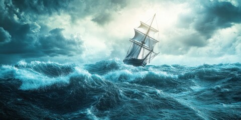 Obraz premium A majestic ship battles powerful waves under a stormy sky, evoking adventure and the beauty of the sea.
