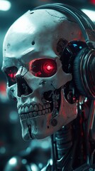 Sci-fi floating cyborg skull in futuristic lab with cables attached