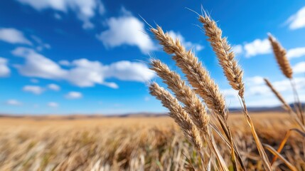 Fototapeta premium Golden stalks of wheat standing tall against a vibrant blue sky backdrop in an open field, epitomizing agricultural life, natural beauty, and the bounty of harvest season.