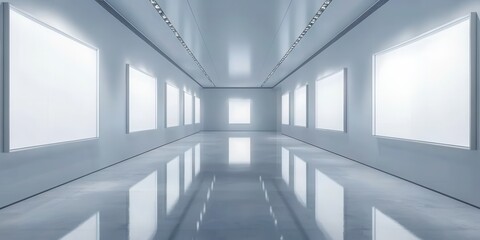 Obraz premium A modern art gallery interior with white walls and reflective floor, perfect for showcasing contemporary artwork.