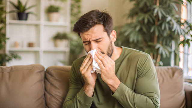 Man with cold blowing nose sitting on couch at home during flu season