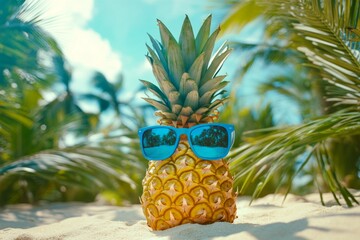 A fun pineapple wearing bright blue sunglasses. This playful fruit shines in the sun on a tropical beach. Perfect for summer vibes and cheerful moments. Generative AI