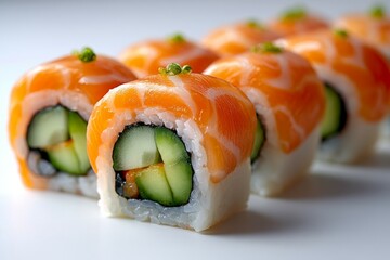 Salmon & cucumber sushi rolls*a plain white background,
