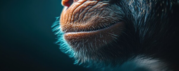 Fototapeta premium Macro shot of a monkey's nose and mouth highlighting fine details of wrinkles and texture