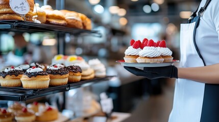 A baker holding a plate of delectable raspberry topped cupcakes in a modern bakery setting, with shelves of various pastries, capturing delicious food and craftsmanship.