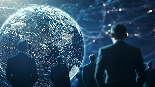 futuristic 3D illustration showcasing a globe intertwined with data streams, with silhouettes of business professionals standing around it, emphasizing the importance of global dat