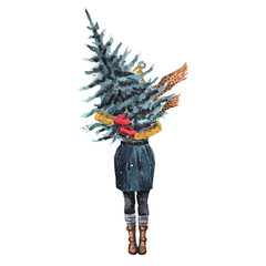 Watercolor Illustration of a Woman holding Christmas tree isolated on a white background