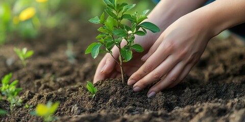 Fototapeta premium A person gently planting a small green seedling in rich soil, symbolizing growth and environmental care.