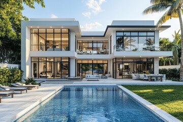 Fototapeta premium A modern Miami home with a pool and yard view. Created using stock.