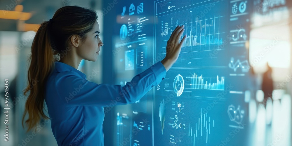 Poster a professional woman interacts with a futuristic digital interface displaying graphs and data analyt