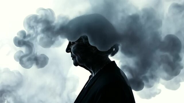 elderly woman with a fragmented silhouette, symbolizing the cognitive decline associated with dementia and Alzheimer's, with swirling, fading patterns to represent memory loss and 