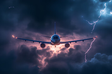 An airplane flying through a stormy sky with lightning and dramatic clouds.