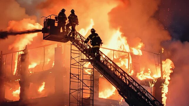 Firefighters battling a large blaze at a building, using a ladder and hoses amidst intense flames and smoke.