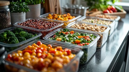 Prepared healthy meals in containers at a self-serve bar, perfect for nutrition, meal prep, and food-related content.