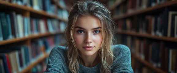 Young woman in a library looking at the camera