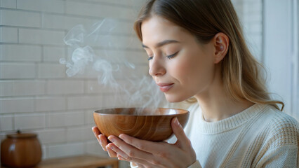 Woman holding steaming bowl inhaling vapor to relieve cold symptoms at home