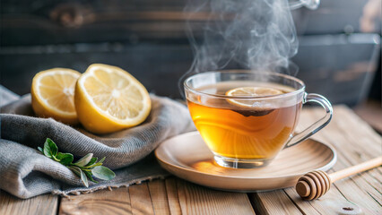 Hot cup of tea with lemon and honey on wooden table for flu recovery