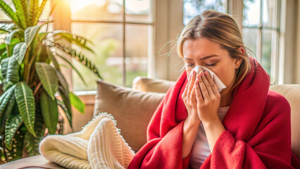 Sick woman wrapped in red blanket coughing on couch while staying at home with illness