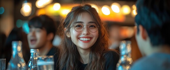 Happy Woman Smiling in Cafe with Friends