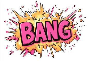 The word "BANG" in pink, written on the top of an anime-style cartoon on white background