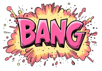 The word "BANG" in pink, written on the top of an anime-style cartoon on white background