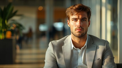 Obraz premium Portrait of a serious businessman in a modern office, great for business, leadership, and corporate-themed content.