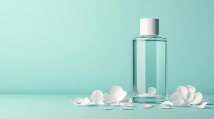 A clear bottle of liquid beside white petals on a mint green background, perfect for beauty and skincare themes.